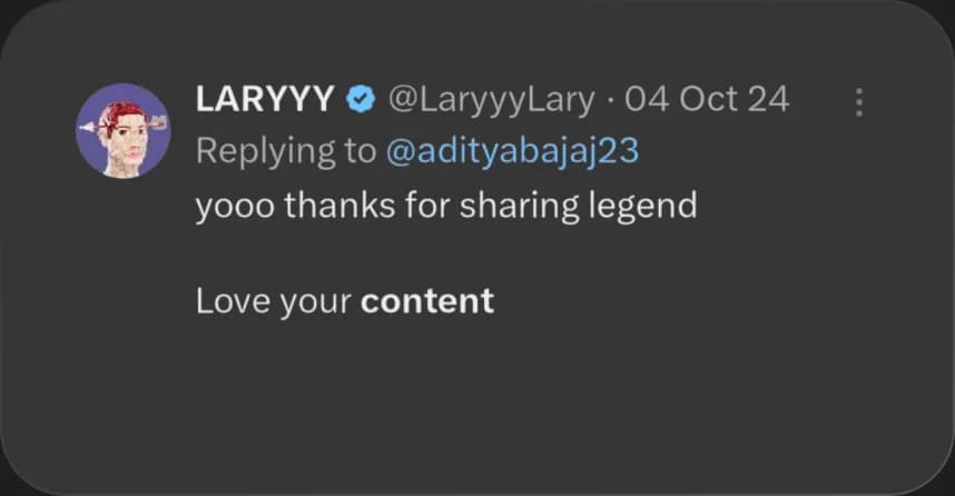X reply from LARYYY praising Elcara's content