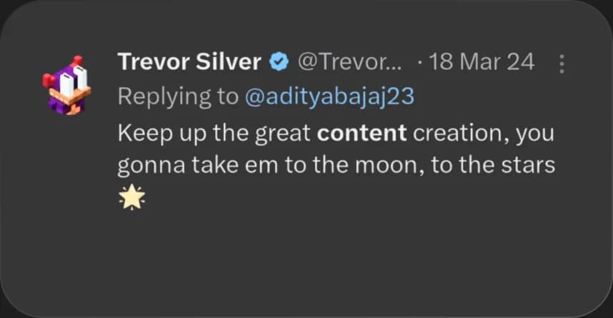 X reply from Trevor Silver praising Elcara's content