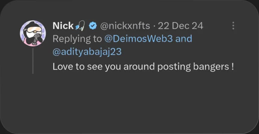 X reply from Nick praising Elcara's content