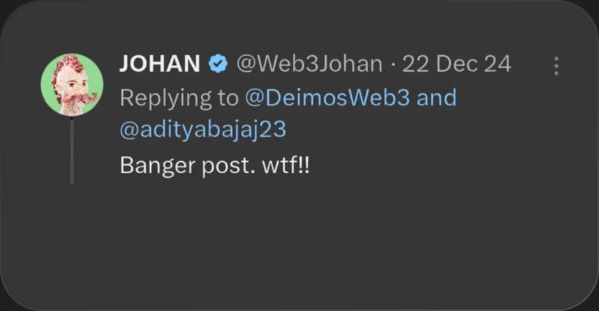 X reply from JOHAN praising Elcara's content