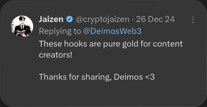 X reply from Jaizen praising Elcara's content