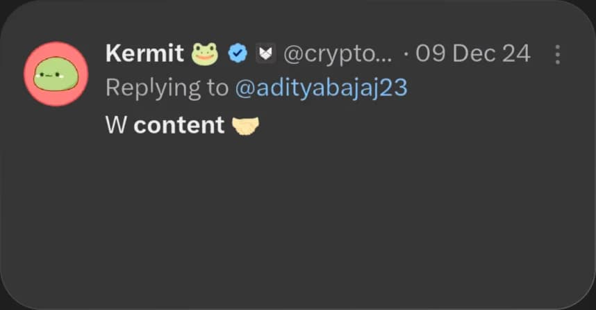 X reply from Kermit praising Elcara's content