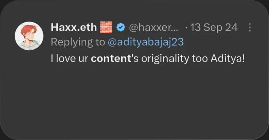 X reply from Haxx.eth praising Elcara's content