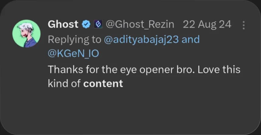 X reply from Ghost praising Elcara's content