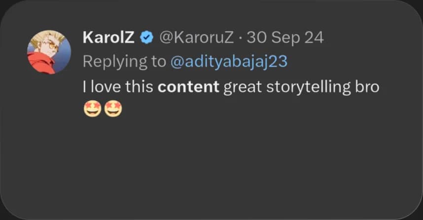 X reply from KarolZ praising Elcara's content